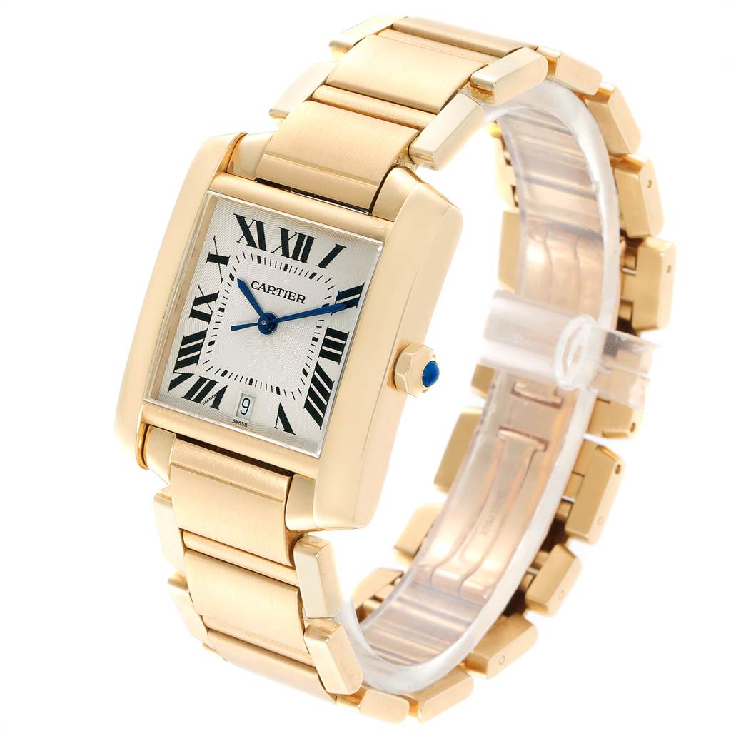 This image shows a Cartier Tank Française watch at a front and angled view, highlighting its rectangular case and gold bracelet.