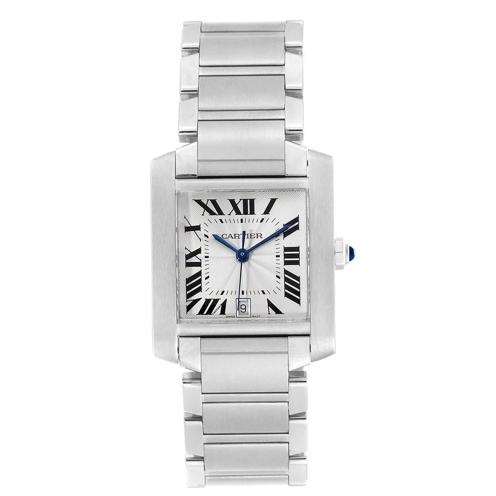 The image shows a front view of a Cartier Tank Francaise W51002Q3 Stainless Steel Silver Dial W51002Q3 Stainless Steel Silver Dial watch, highlighting its rectangular dial and stainless steel bracelet.