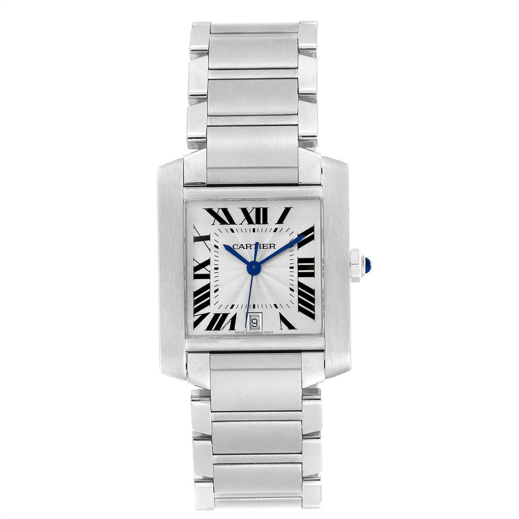 The image shows a front view of a Cartier Tank Francaise W51002Q3 Men's Stainless Steel Silver Dial W51002Q3 Men's Stainless Steel Silver Dial watch, displaying its face, hands, and metal bracelet.