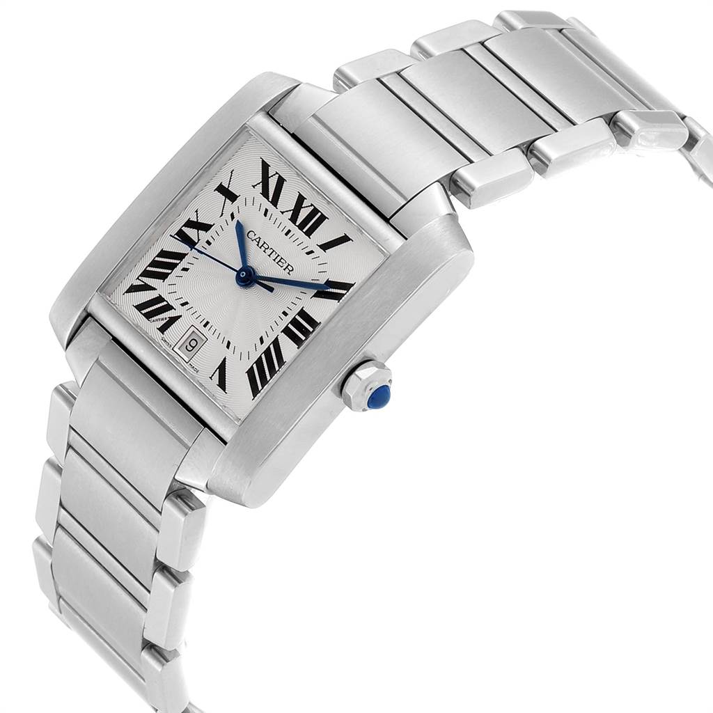 The image shows a Cartier Tank Francaise W51002Q3 Men's Stainless Steel Silver Dial W51002Q3 Men's Stainless Steel Silver Dial watch at a slight angle, displaying the face, bracelet, and winding crown.