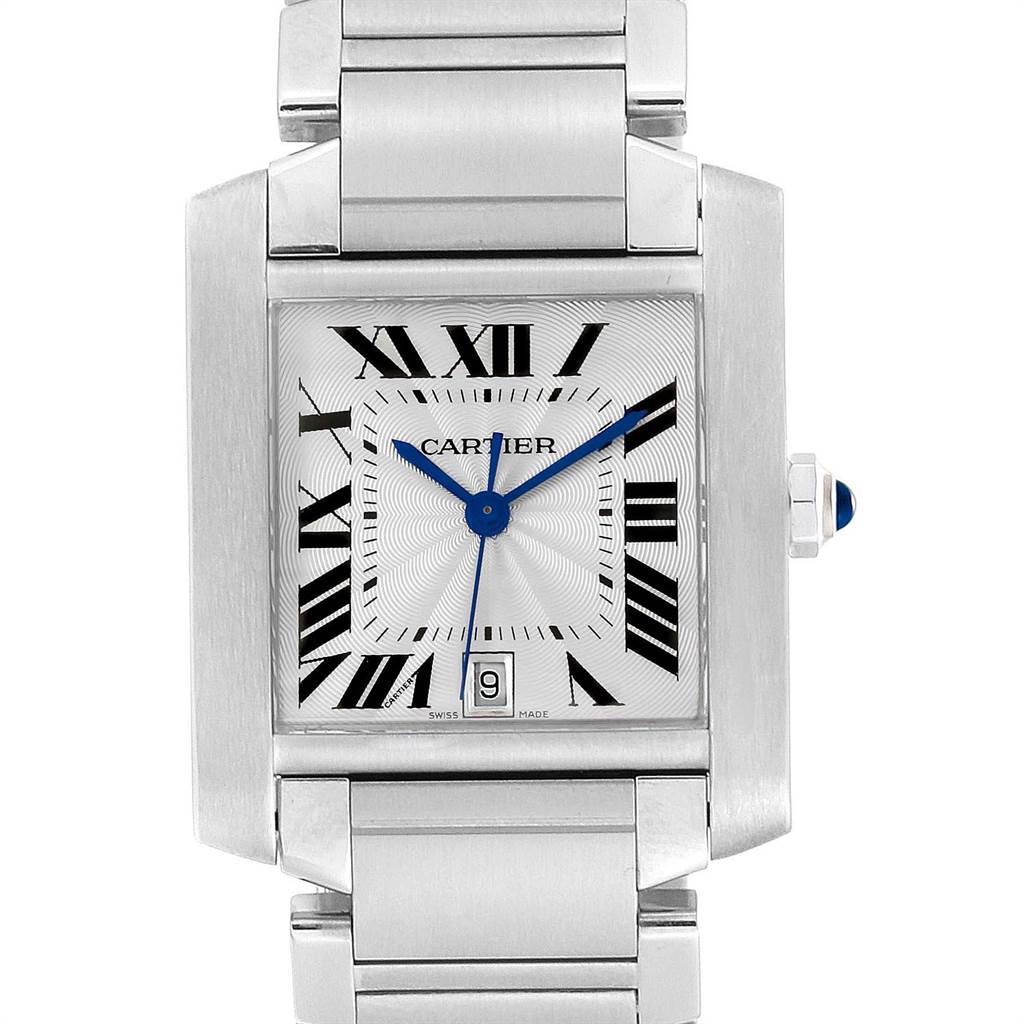 The image shows a straight-on view of the dial, case, and bracelet of the Cartier Tank Francaise W51002Q3 Men's Stainless Steel Silver Dial W51002Q3 Men's Stainless Steel Silver Dial watch.
