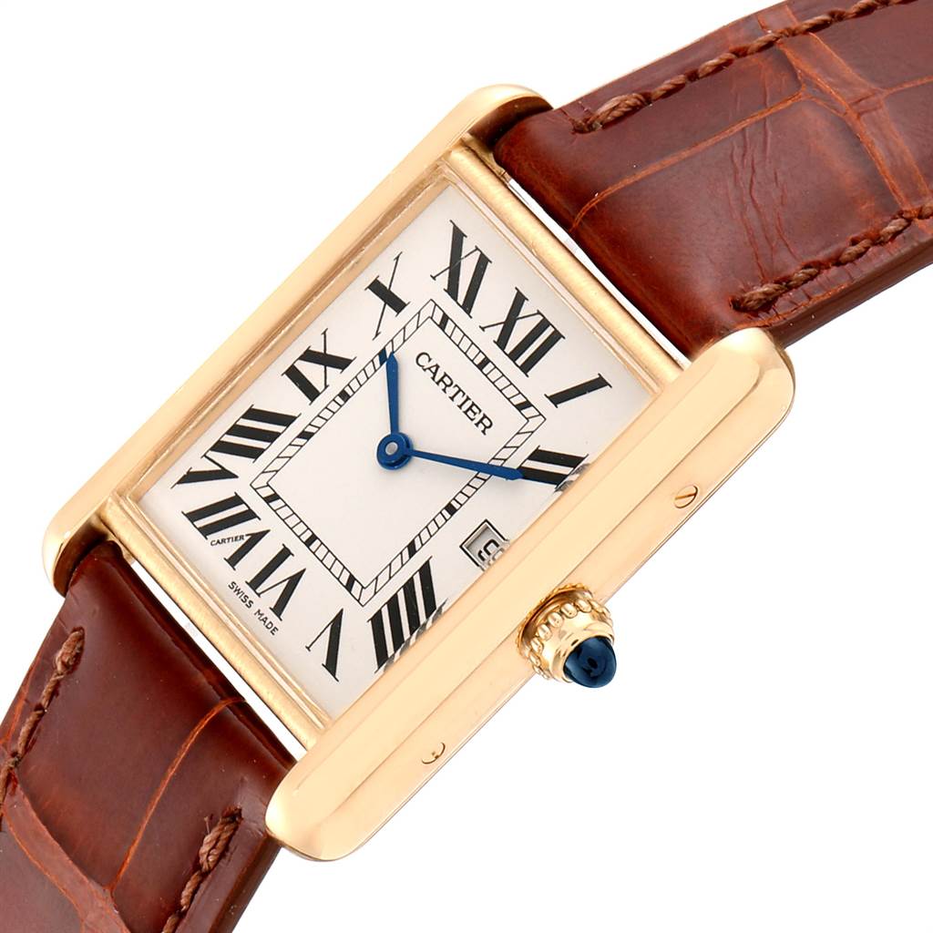 The image shows a close-up, angled view of the dial, crown, and part of the strap of the Cartier Tank Francaise W1529756 Men's Yellow Gold Silver Dial W1529756 Men's Yellow Gold Silver Dial watch.