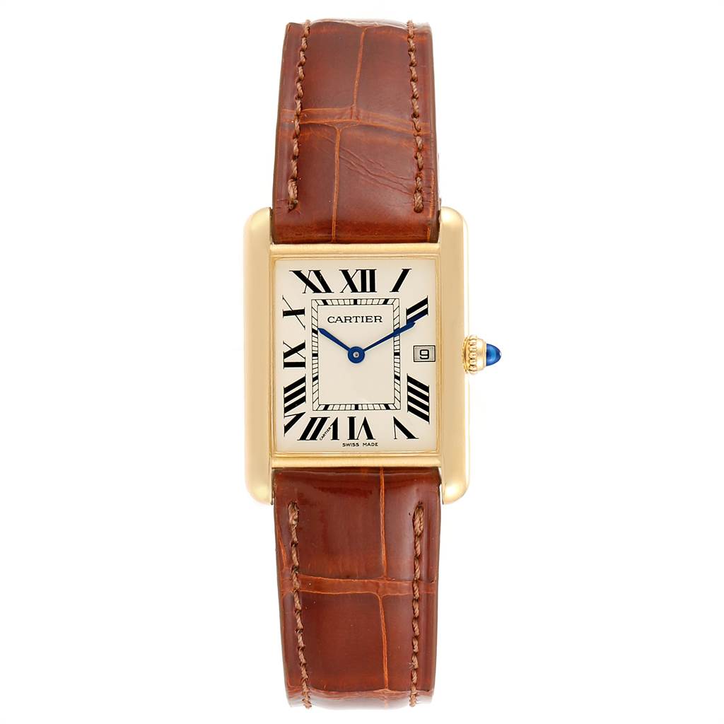 The Cartier Tank Francaise W1529756 Men's Yellow Gold Silver Dial W1529756 Men's Yellow Gold Silver Dial watch is shown from a top-down angle, displaying its face, case, and leather strap.
