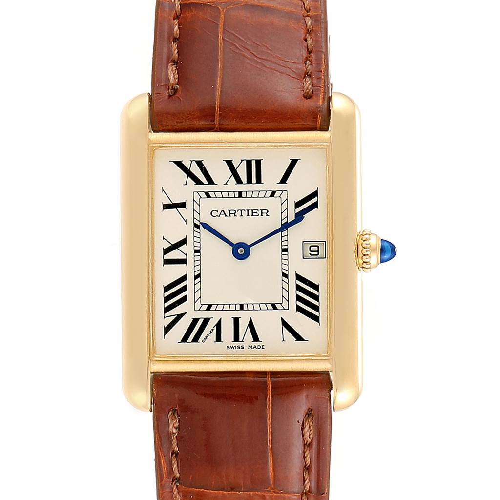This image shows a front view of the Cartier Tank Française watch featuring a rectangular dial and a brown leather strap.