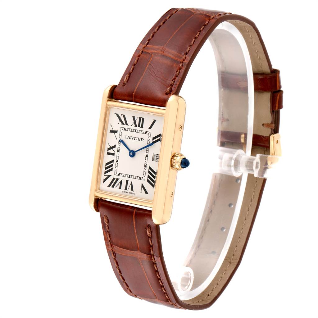The Cartier Tank Francaise W1529756 Men's Yellow Gold Silver Dial W1529756 Men's Yellow Gold Silver Dial watch is shown at a three-quarter angle, displaying its face, leather strap, and crown.