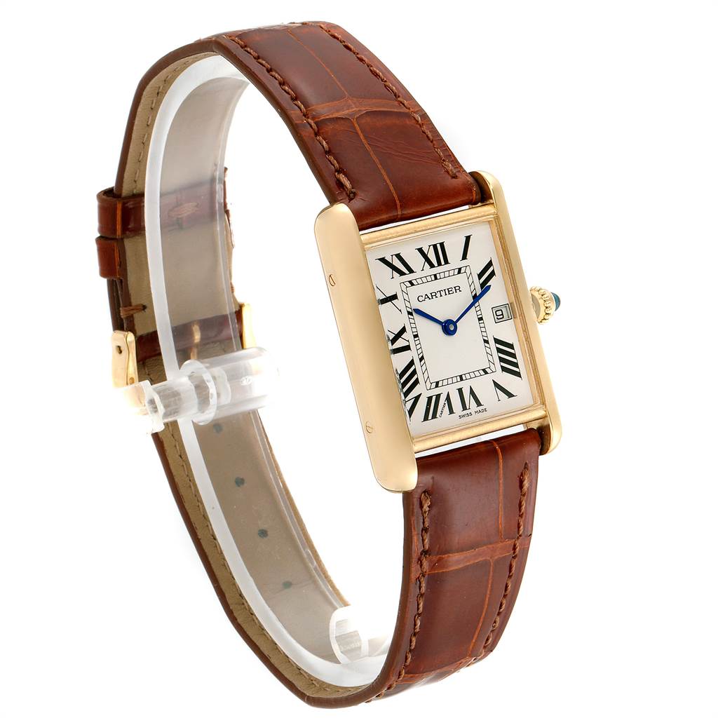This image shows a Cartier Tank Francaise W1529756 Men's Yellow Gold Silver Dial W1529756 Men's Yellow Gold Silver Dial watch angled to display the face, Roman numerals, gold casing, crown, and brown leather strap.