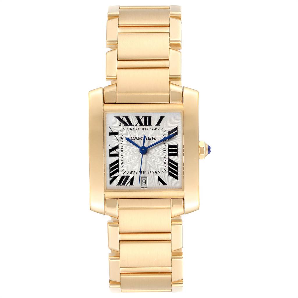 The image shows a Cartier Tank Française watch viewed from the front, displaying the face and the bracelet.