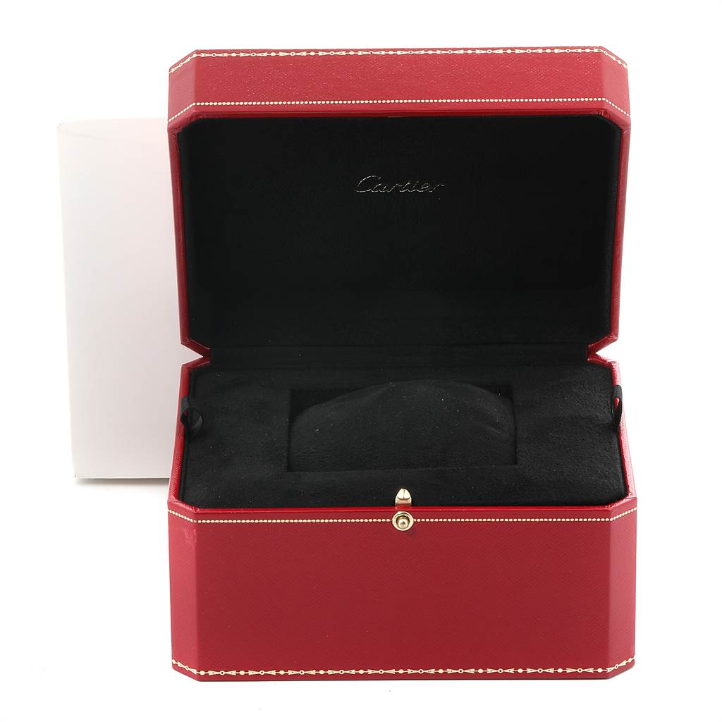 This image shows the open presentation box for the Cartier Tank Française watch.