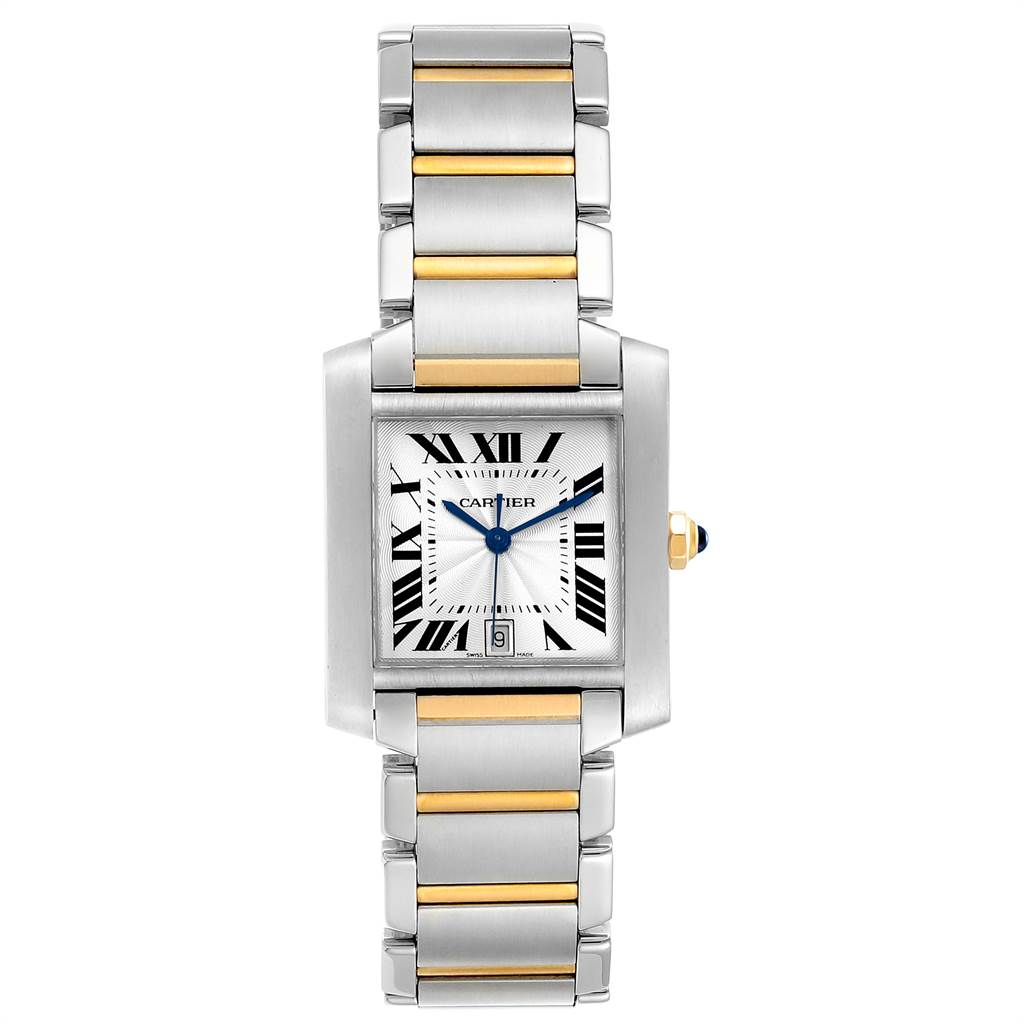 This image shows a Cartier Tank Francaise W51005Q4 Men's Steel and Gold (two tone) Silver Dial W51005Q4 Men's Steel and Gold (two tone) Silver Dial watch from a top-down angle, highlighting the face, bezel, and part of the bracelet.