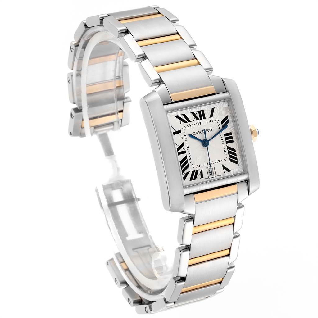 The image shows a Cartier Tank Française watch at a three-quarter angle, displaying its face and two-tone bracelet.