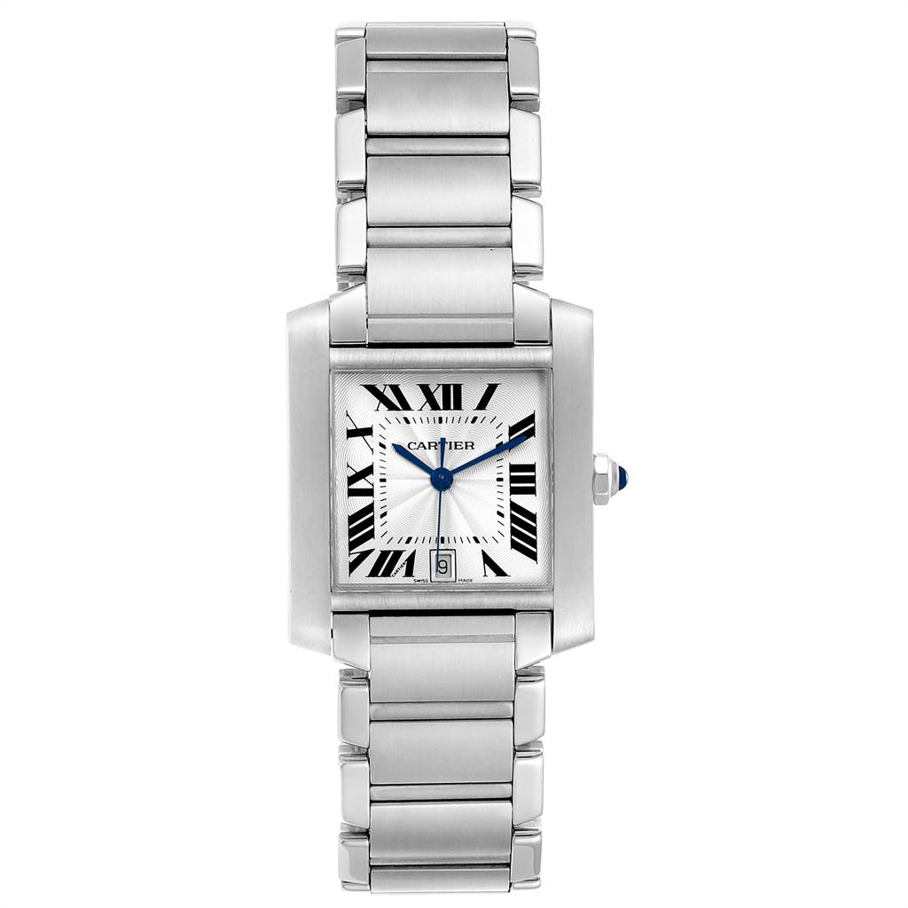 This image shows a Cartier Tank Francaise W51002Q3 Stainless Steel Silver Dial W51002Q3 Stainless Steel Silver Dial watch from a top-down view, featuring the entire face and bracelet.