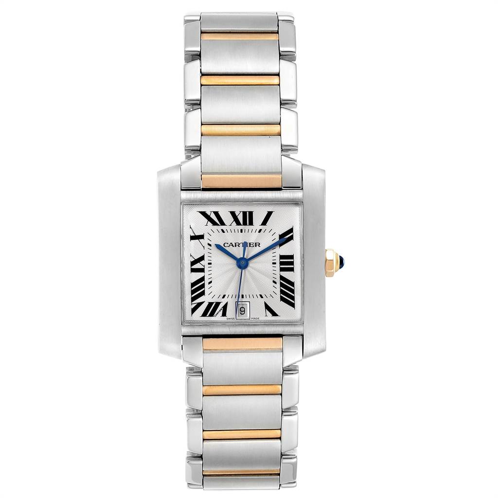 The image shows a Tank Francaise by Cartier from a front angle, highlighting the watch face and bracelet.