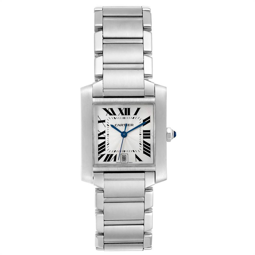 The image shows a front view of the Cartier Tank Francaise W51002Q3 Stainless Steel Silver Dial W51002Q3 Stainless Steel Silver Dial watch, displaying its rectangular dial, bracelet, and crown.