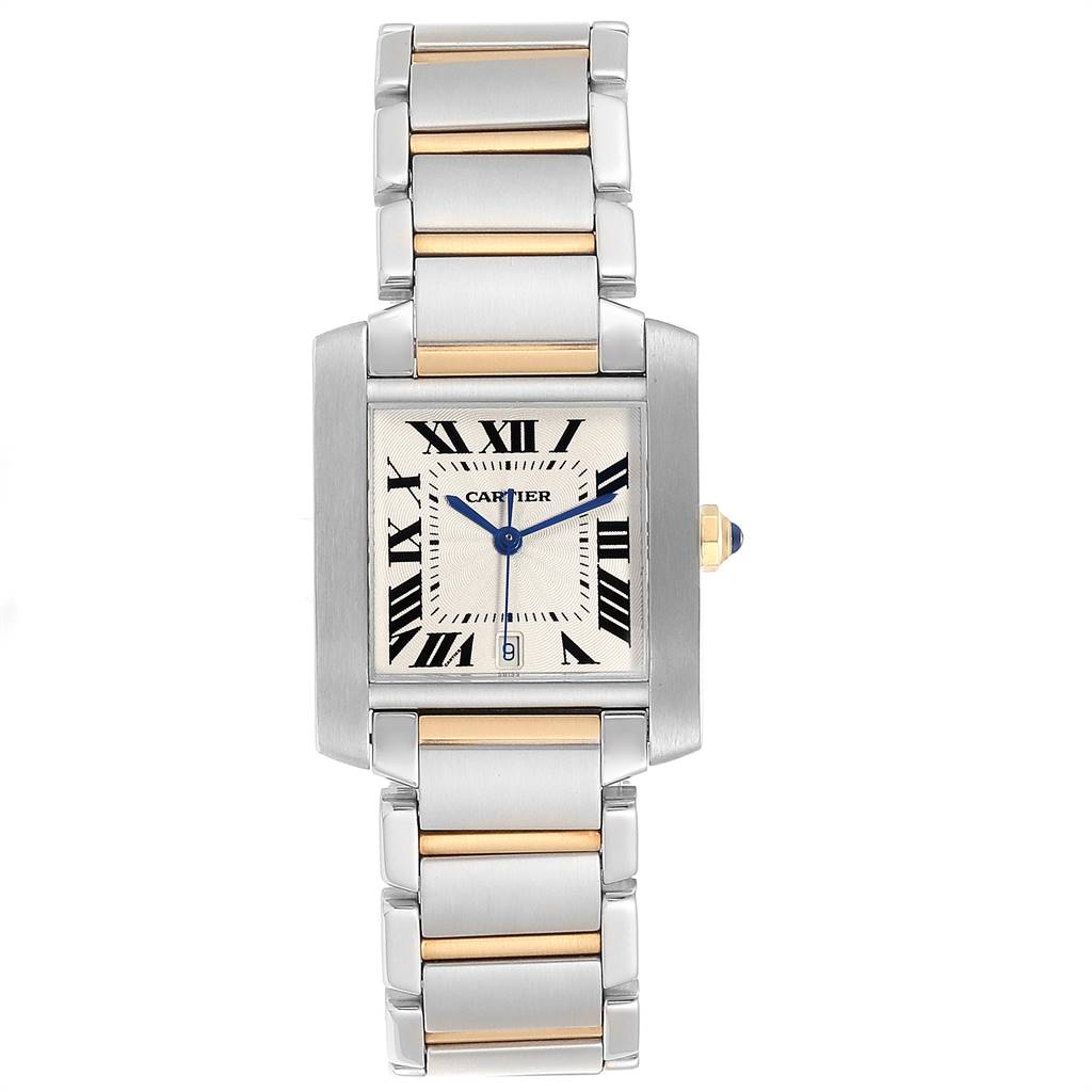 This image shows a front view of the Cartier Tank Francaise W51005Q4 Steel and Gold (two tone) Silver Dial W51005Q4 Steel and Gold (two tone) Silver Dial watch, highlighting its face, dial, bezel, crown, and bracelet.