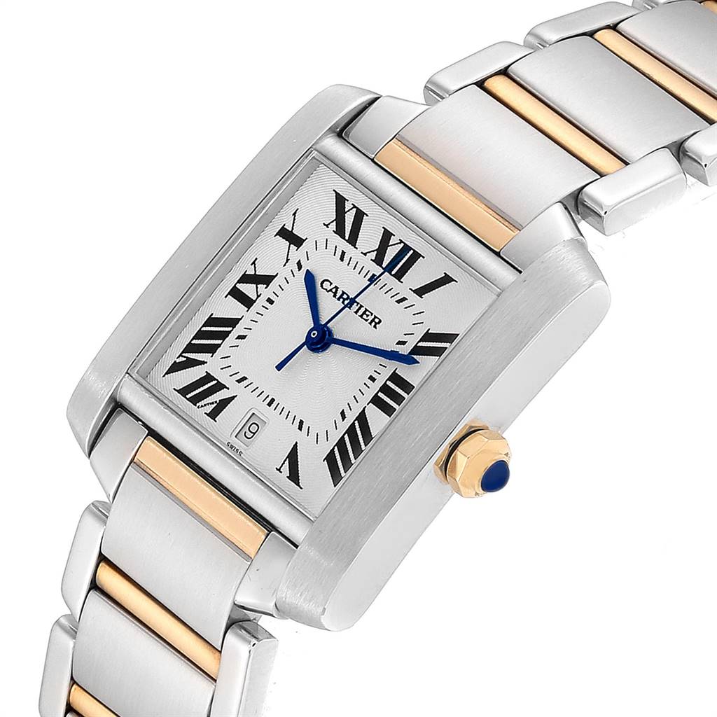 The image shows a close-up of the Cartier Tank Française watch face, crown, and bracelet at a slight diagonal angle.
