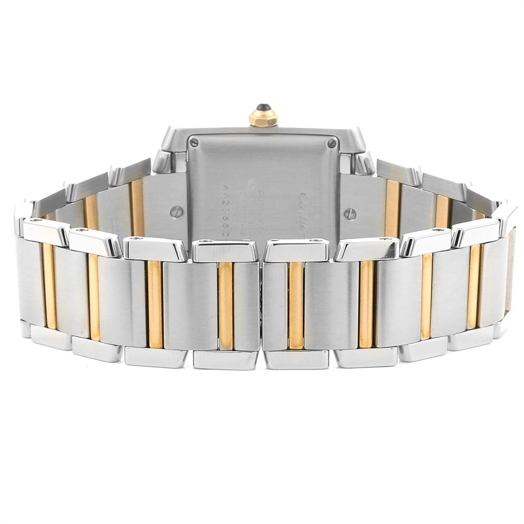 This image shows the back and strap of a Cartier Tank Francaise W51005Q4 Men's Steel and Gold (two tone) Silver Dial W51005Q4 Men's Steel and Gold (two tone) Silver Dial watch in a two-tone silver and gold design.