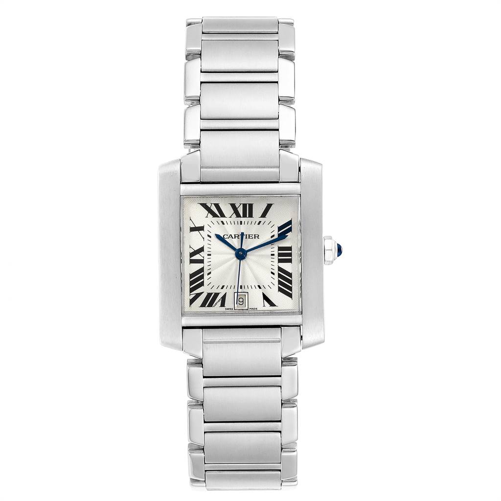 This image shows a frontal view of a Cartier Tank Francaise W51002Q3 Stainless Steel Silver Dial W51002Q3 Stainless Steel Silver Dial watch, featuring its rectangular face and stainless steel bracelet.