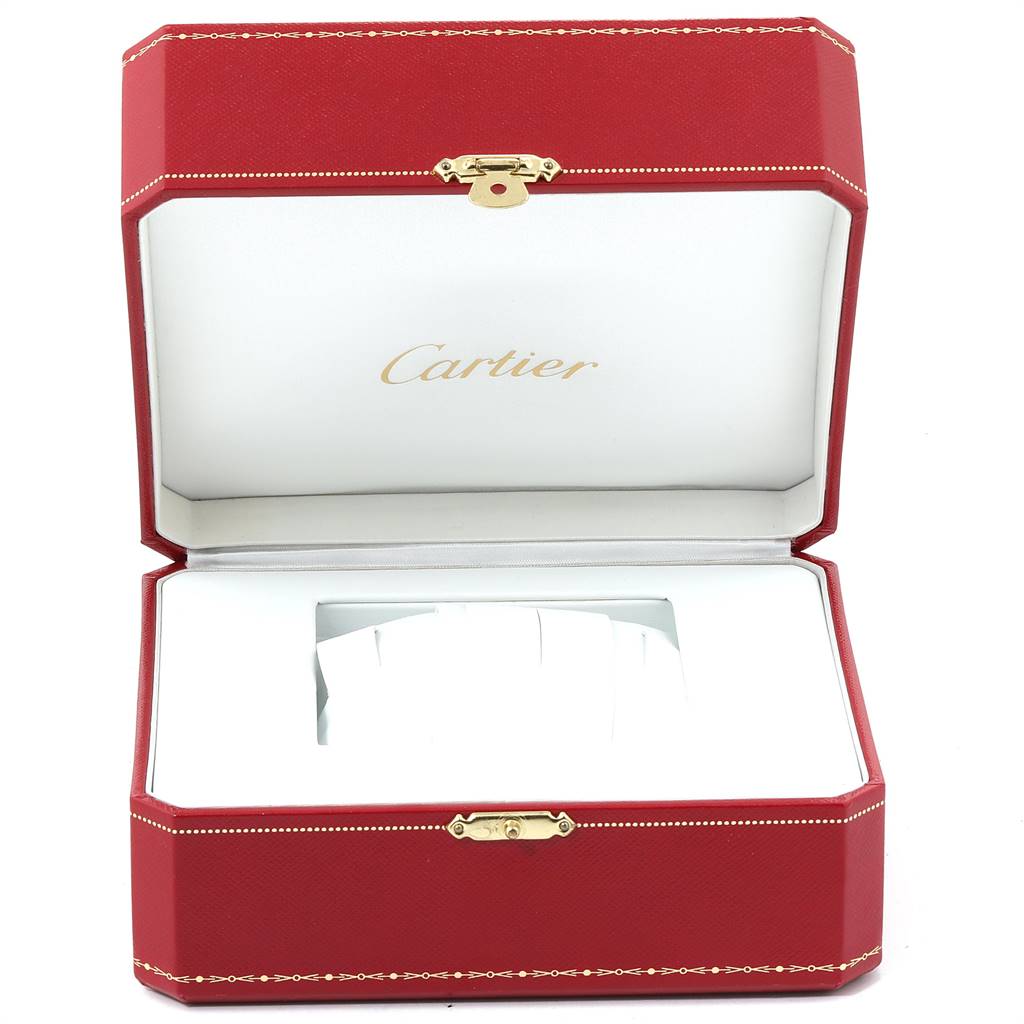 This is a red and white Cartier watch box for the Tank Francaise model viewed from the front with the lid open.