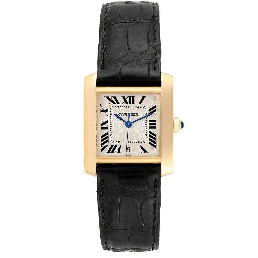 This image shows a Tank Francaise watch by Cartier from a straight-on angle, displaying the face, black strap, and gold casing.