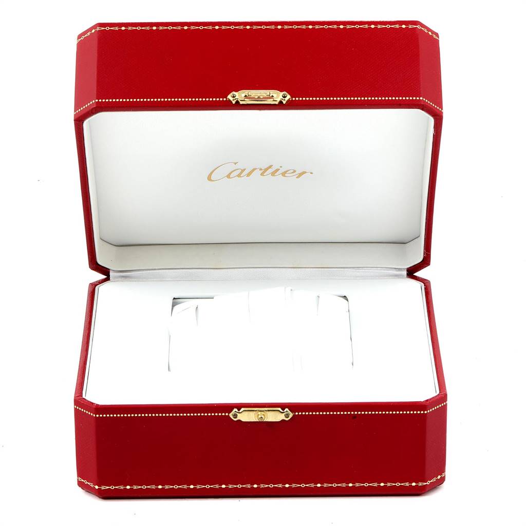 This image shows the open presentation box for the Cartier Tank Française watch, highlighting the red exterior and white interior.