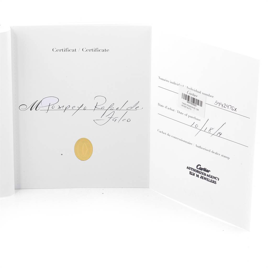 This image shows the certificate of authenticity and purchase details for a Cartier Tank Francaise W51005Q4 Men's Steel and Gold (two tone) Silver Dial W51005Q4 Men's Steel and Gold (two tone) Silver Dial watch.