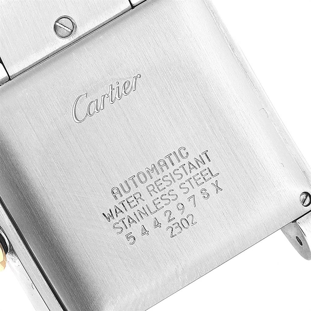 The image shows the back case of a Cartier Tank Française watch, detailing material, water resistance, and serial numbers.
