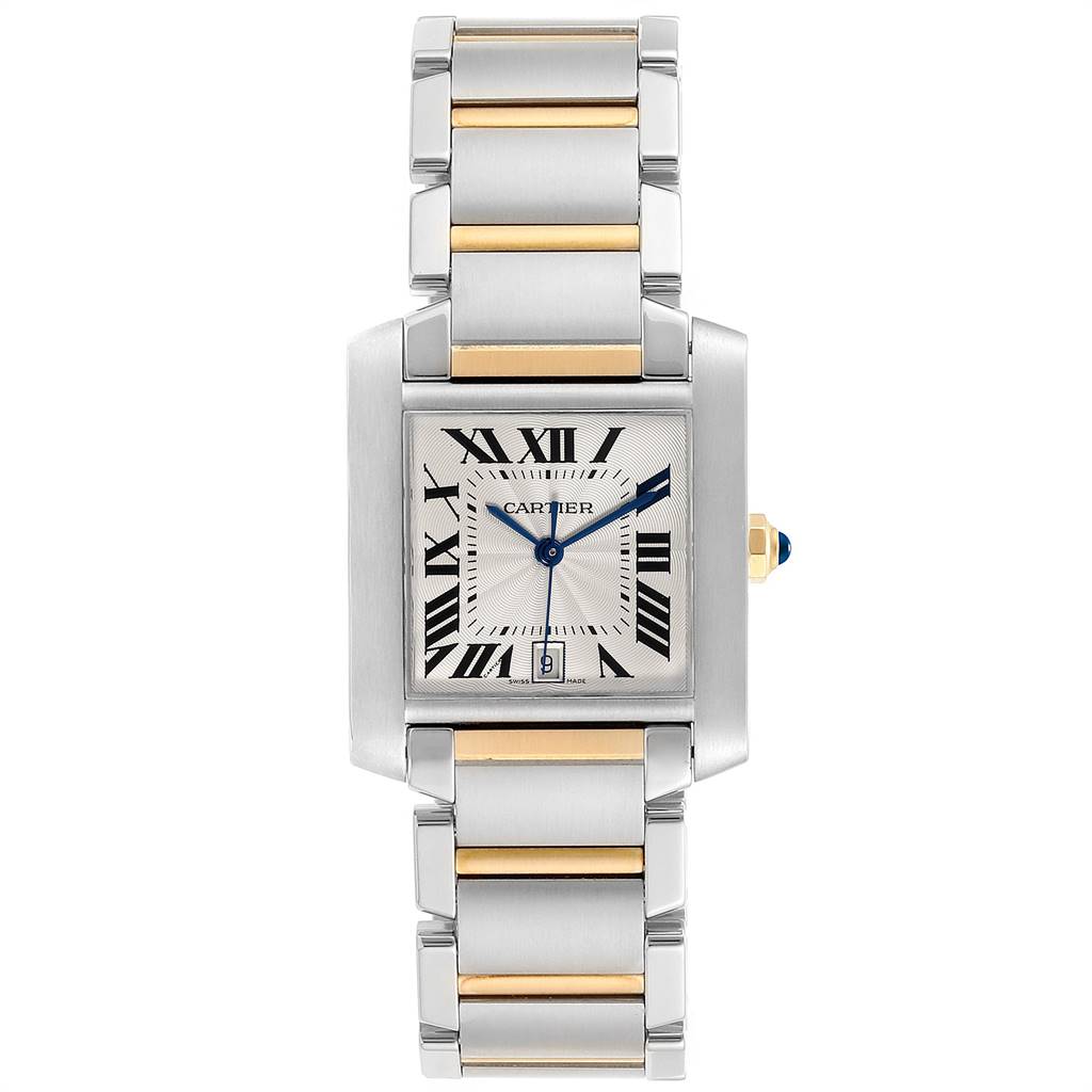 The image shows a frontal view of a Cartier Tank Française watch, displaying the face, bracelet, and crown.
