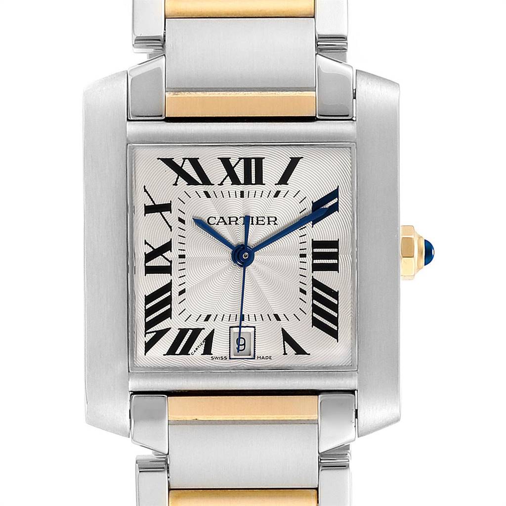The image shows the face and bracelet of a Cartier Tank Francaise W51005Q4 Men's Steel and Gold (two tone) Silver Dial W51005Q4 Men's Steel and Gold (two tone) Silver Dial watch, highlighting its dial, hands, and metallic band.