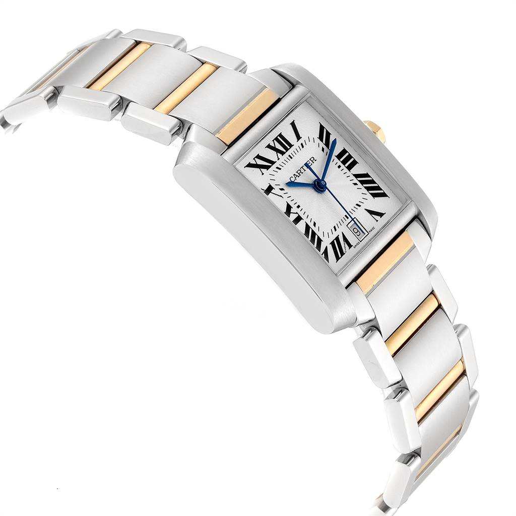 The image shows a Cartier Tank Française watch from a three-quarter angle, highlighting the face, bezel, and bracelet.