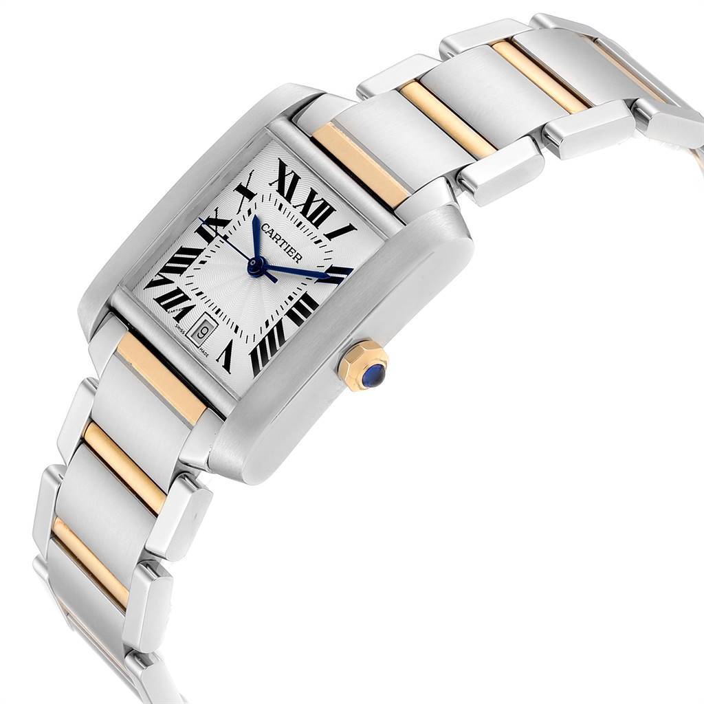 The image shows a side angle of a Cartier Tank Française watch, highlighting the Roman numeral dial, blue hands, and two-tone bracelet.