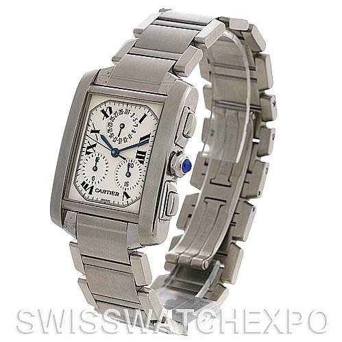 The image shows a Cartier Tank Francaise W51001Q3 Stainless Steel White Dial W51001Q3 Stainless Steel White Dial watch at a three-quarter angle, highlighting the face, crown, and metal bracelet.