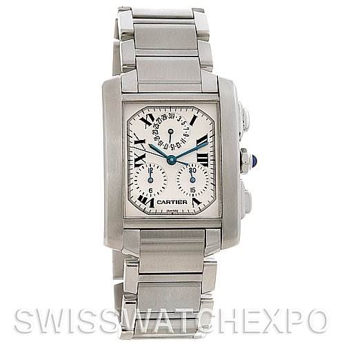 This image shows a front view of the Cartier Tank Française watch, highlighting its stainless steel bracelet and rectangular dial.