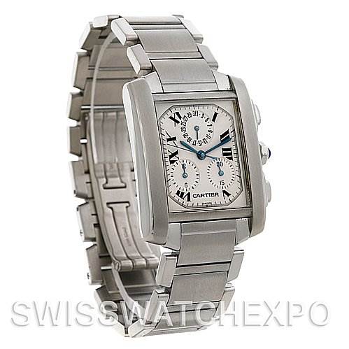 The image shows a Tank Francaise model by Cartier from a front-side angle, featuring the watch face and metal bracelet.