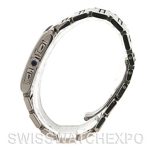 This image shows a side profile of the Cartier Tank Française watch, highlighting the bracelet, crown, and side buttons.