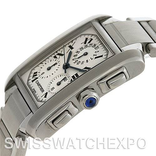 The image shows a side angle of the Cartier Tank Francaise W51001Q3 Stainless Steel White Dial W51001Q3 Stainless Steel White Dial watch, highlighting its case, crown, and buttons.