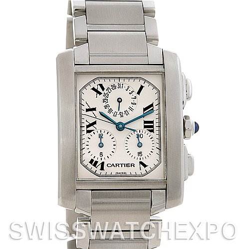 The image shows a frontal view of a Cartier Tank Francaise W51001Q3 Stainless Steel White Dial W51001Q3 Stainless Steel White Dial watch, displaying the face, band, and side buttons.