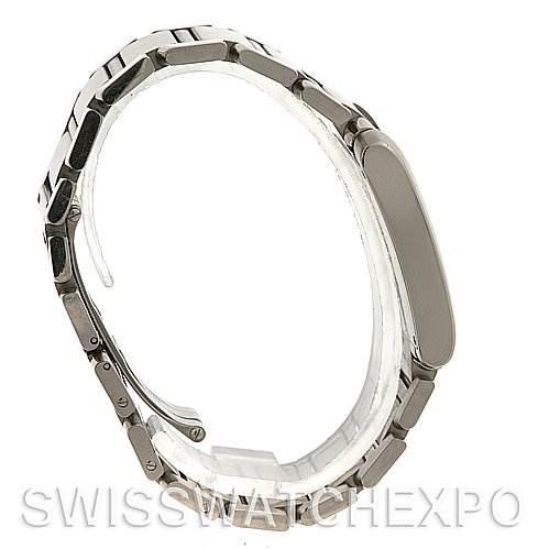 The image shows a side view of the Cartier Tank Francaise W51001Q3 Stainless Steel White Dial W51001Q3 Stainless Steel White Dial watch, highlighting the bracelet and the watch case's thickness.