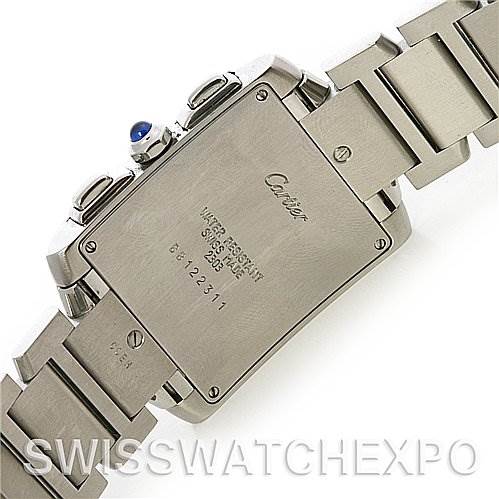 This image shows the back case and part of the bracelet of the Cartier Tank Francaise W51001Q3 Stainless Steel White Dial W51001Q3 Stainless Steel White Dial watch.