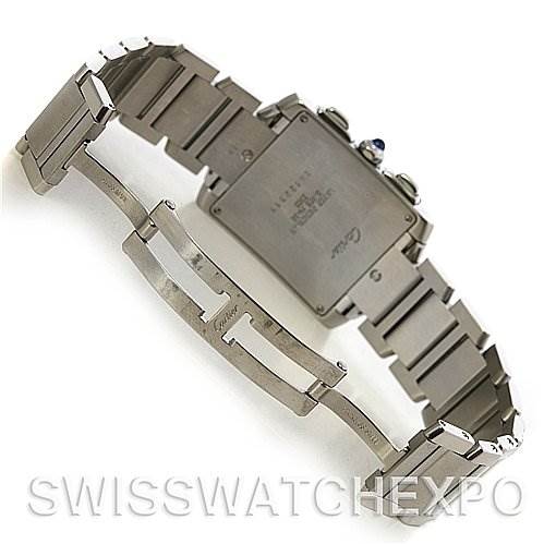 The image shows a downward angle of the back of a Cartier Tank Francaise W51001Q3 Stainless Steel White Dial W51001Q3 Stainless Steel White Dial watch, focusing on its bracelet and clasp.