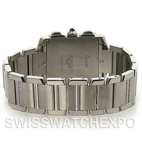 This image shows the back view of the Cartier Tank Francaise W51001Q3 Stainless Steel White Dial W51001Q3 Stainless Steel White Dial watch, highlighting its stainless steel bracelet and case back.