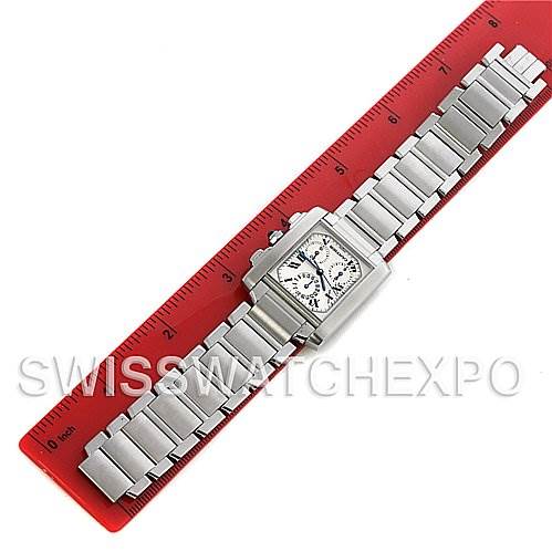 The Cartier Tank Francaise W51001Q3 Stainless Steel White Dial W51001Q3 Stainless Steel White Dial watch is shown from a top-down angle, displaying its face, case, and metal bracelet.