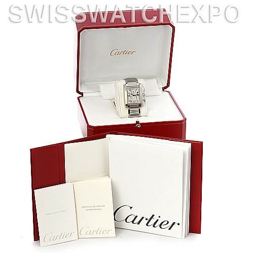 This image shows a Cartier Tank Francaise W51001Q3 Stainless Steel White Dial W51001Q3 Stainless Steel White Dial watch in its open box, with associated booklets and paperwork displayed in front.