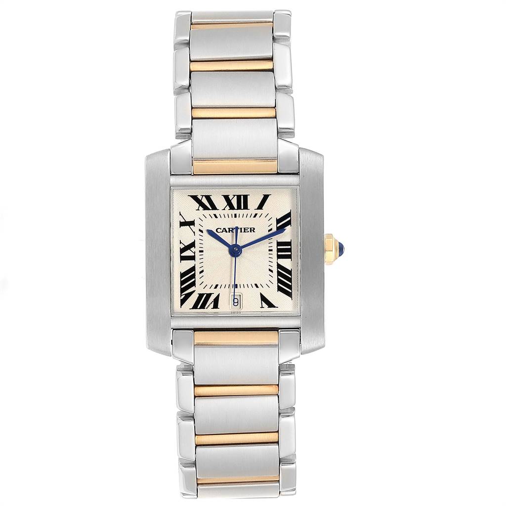 The image shows a front view of a Cartier Tank Francaise W51005Q4 Men's Steel and Gold (two tone) Silver Dial W51005Q4 Men's Steel and Gold (two tone) Silver Dial watch, highlighting the dial, bracelet, and crown.