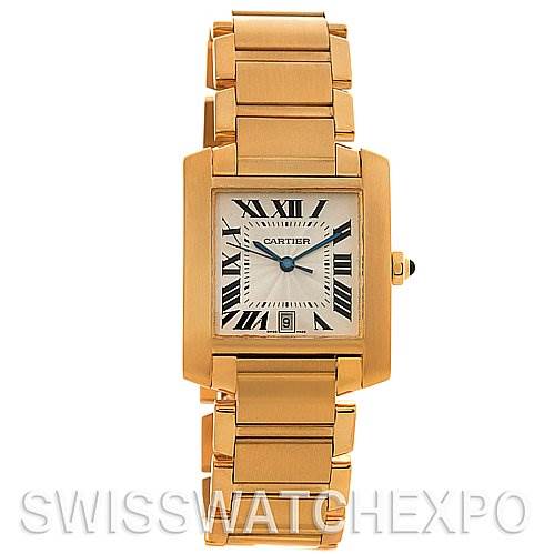 The image shows a Cartier Tank Française watch from a straight-on angle, displaying its face, bracelet, and crown.