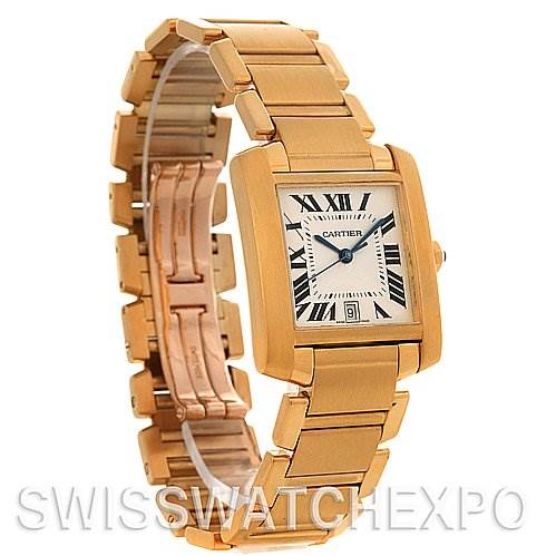 The image shows a Cartier Tank Francaise W50001R2 Stainless Steel Silver Dial W50001R2 Stainless Steel Silver Dial watch at a slight angle, showcasing its rectangular face, the wristband, and the clasp mechanism.