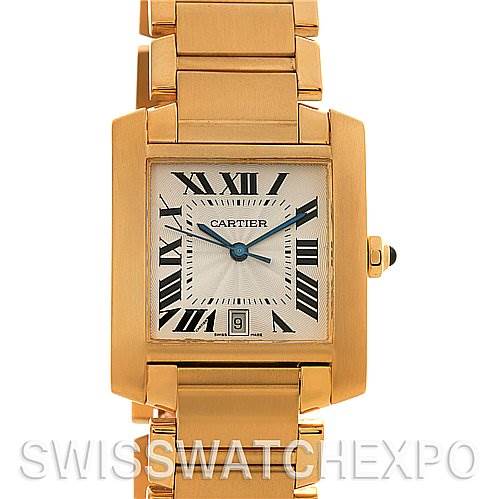 This image shows a Tank Francaise model by Cartier from a front view, showcasing the dial, case, and a portion of the bracelet.