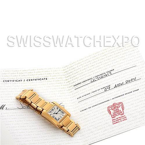 The image shows a Cartier Tank Francaise W50001R2 Stainless Steel Silver Dial W50001R2 Stainless Steel Silver Dial watch, viewed from an oblique angle, displayed with its certificate.