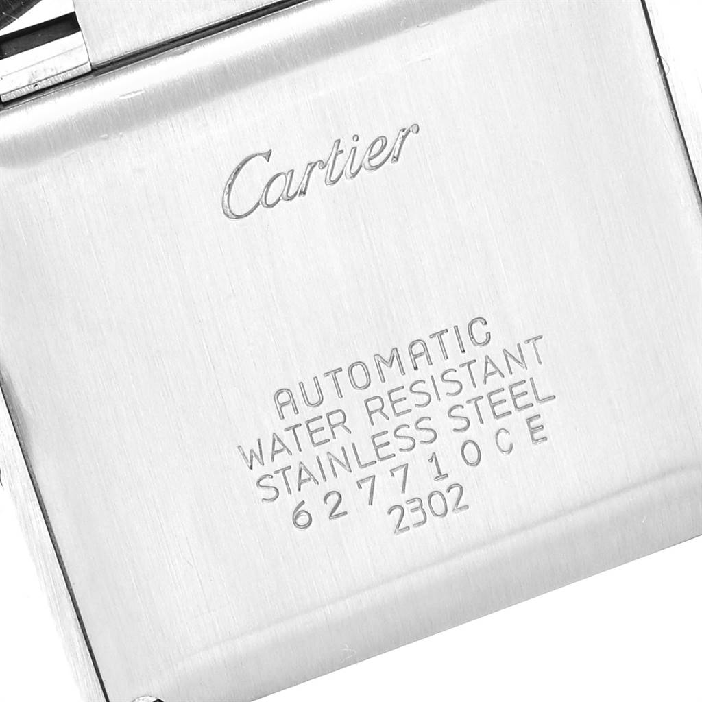 This image shows the back case of a Cartier Tank Francaise W51002Q3 Stainless Steel Silver Dial W51002Q3 Stainless Steel Silver Dial, highlighting its engravings and material details.