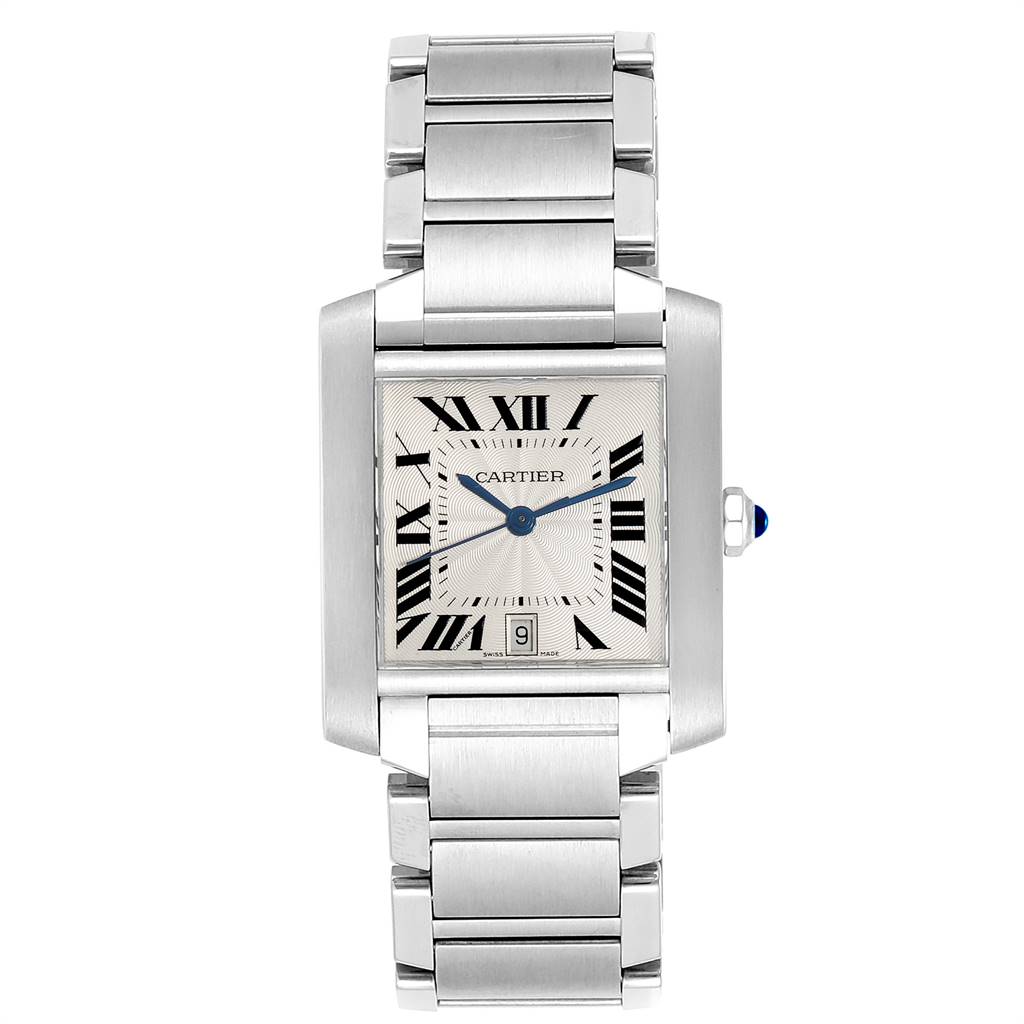 This image shows a front view of a Cartier Tank Francaise W51002Q3 Stainless Steel Silver Dial W51002Q3 Stainless Steel Silver Dial watch, highlighting its rectangular face and metal bracelet.