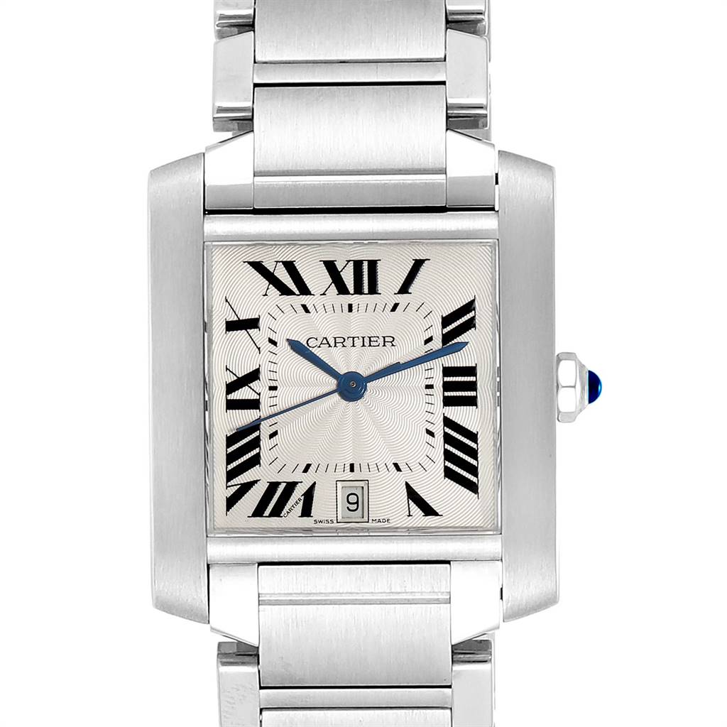The Cartier Tank Francaise W51002Q3 Stainless Steel Silver Dial W51002Q3 Stainless Steel Silver Dial watch is shown from a front angle, displaying the dial, bracelet, crown, and case.